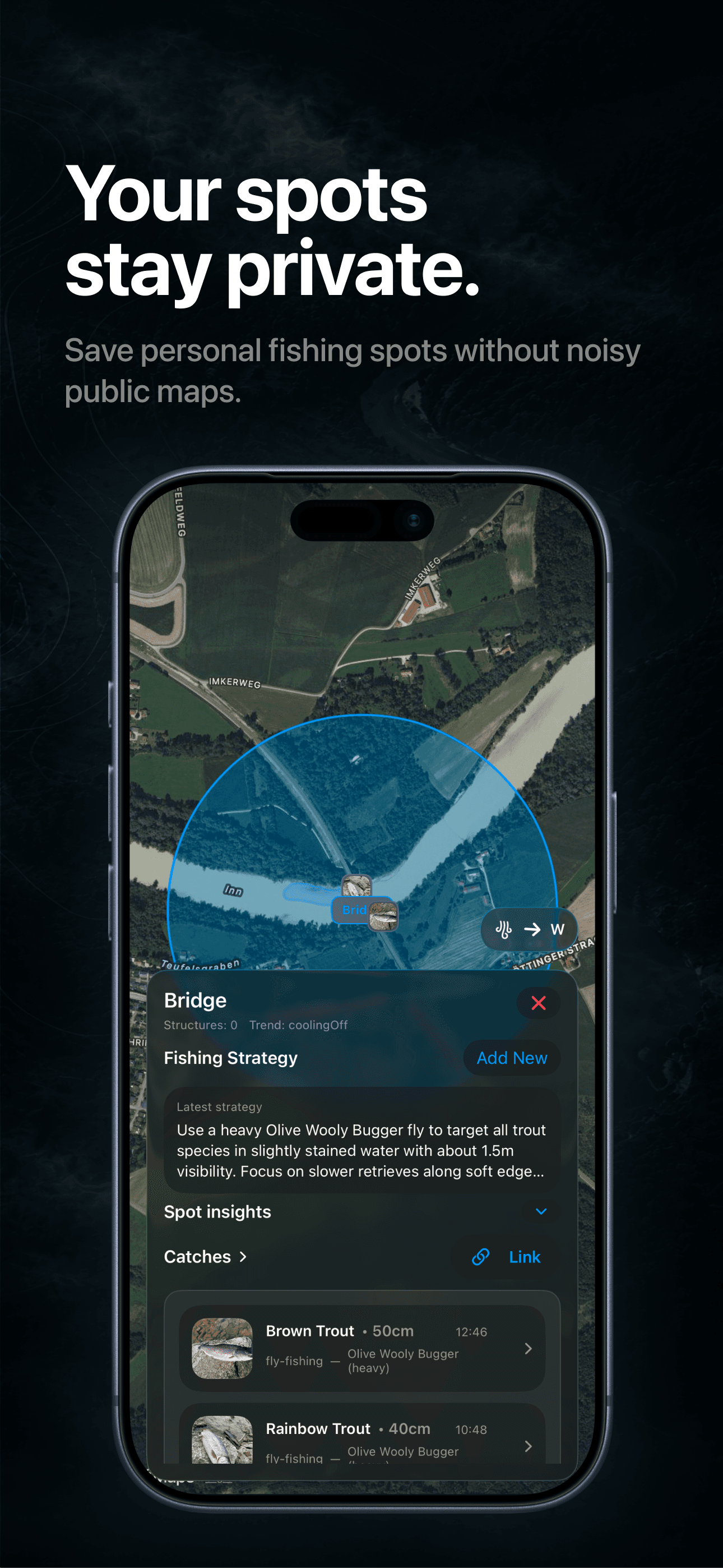 FishPal private fishing log screen on iPhone