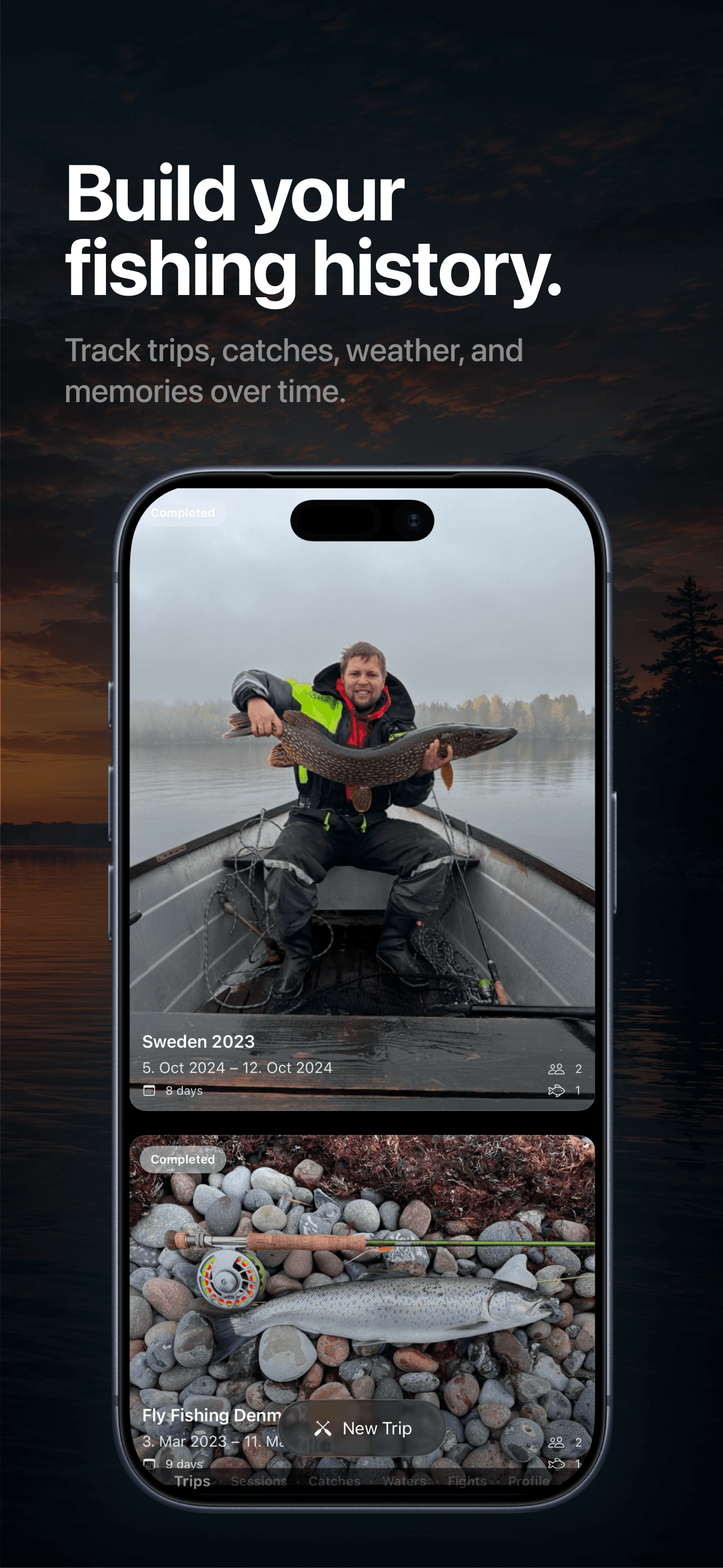 FishPal trip planning and grouped catches screen on iPhone