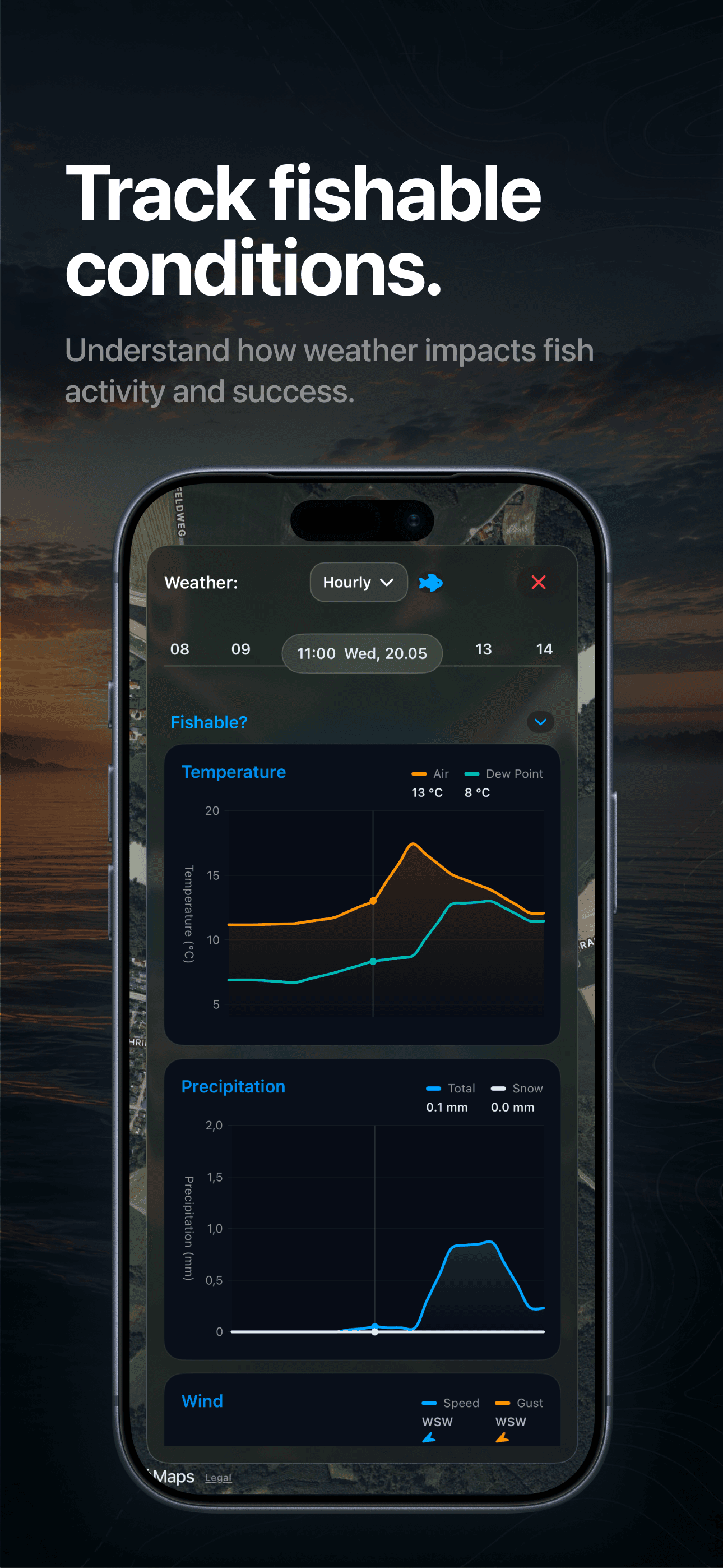 FishPal weather and condition insights screen on iPhone