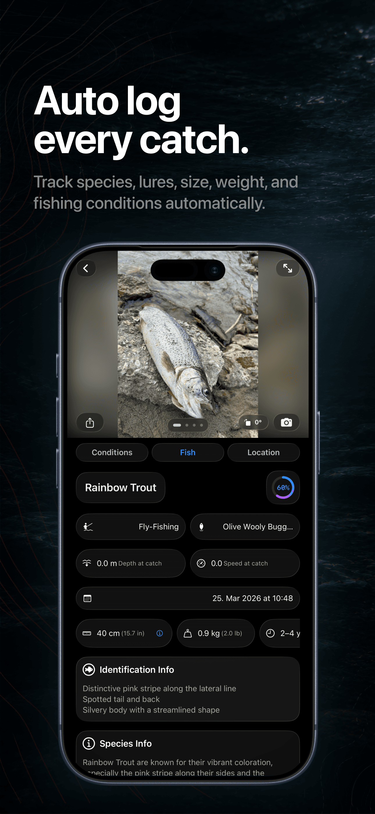 FishPal smart fishing app catch logging screen on iPhone