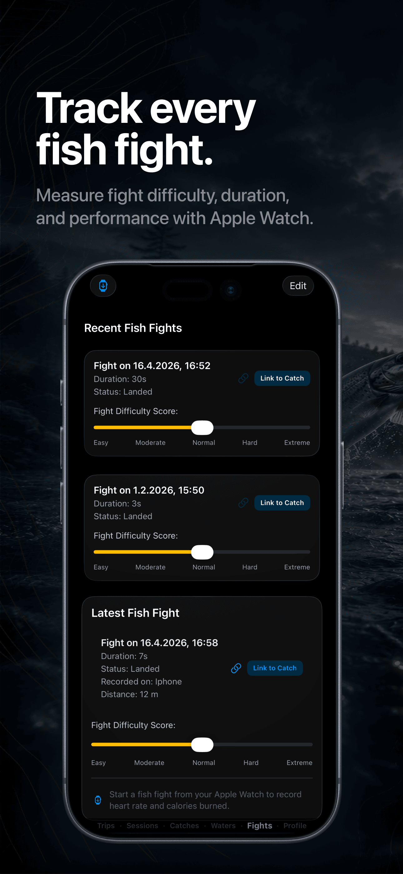 FishPal fish fight replay screen with Apple Watch data